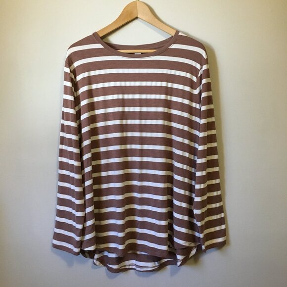 Chocolate Brown and Milk White Striped Crewneck Long Sleeve Rayon Tee - Picture 1 of 16